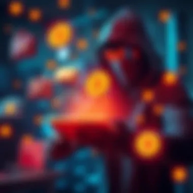 A hacker sending stolen Bitcoin to various wallets represented by interconnected graphics
