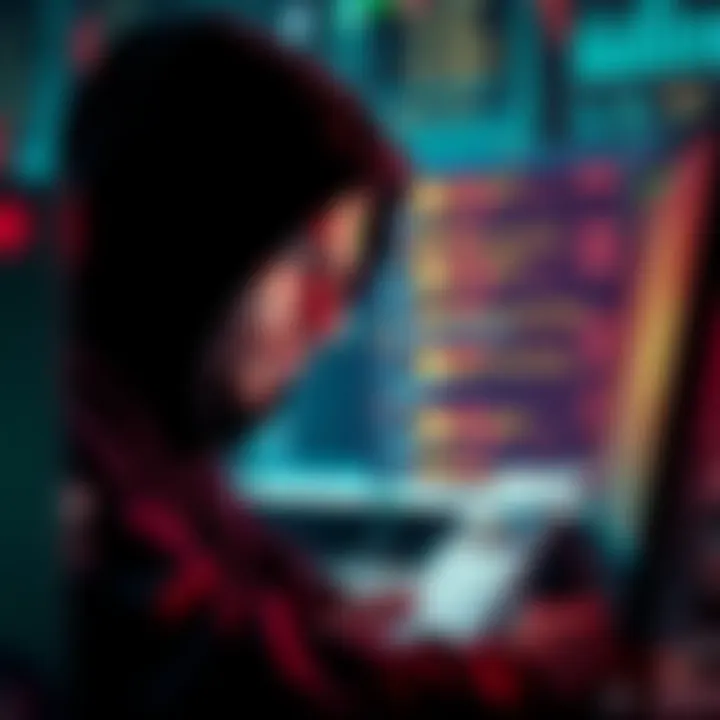 A hacker looks concerned while reading alerts about their location being discovered on a computer screen.
