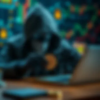 Hacker targeting cryptocurrency wallet A visual representation of a hacker accessing a Coldcard wallet containing a small amount of Bitcoin, with digital security symbols in the background.