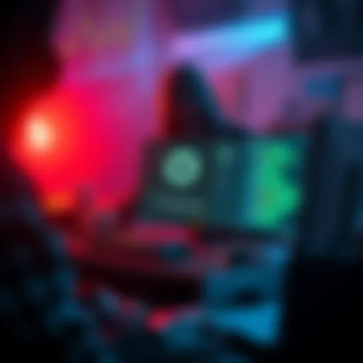 A hacker with a computer in a dark room, showing a Trezor wallet and stolen crypto assets on the screen.