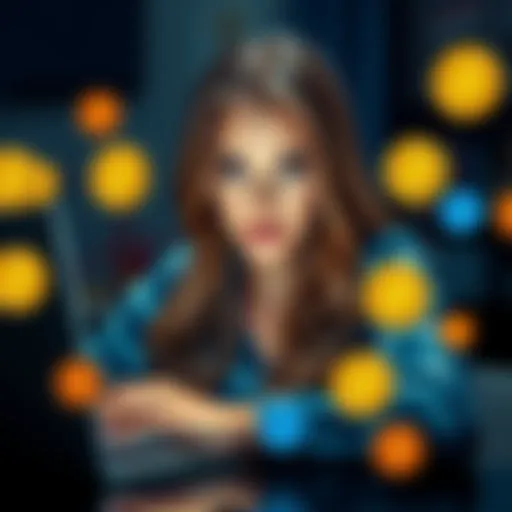 Portrait of Haliey Welch, looking concerned while analyzing cryptocurrency charts on her laptop, surrounded by meme coin logos.