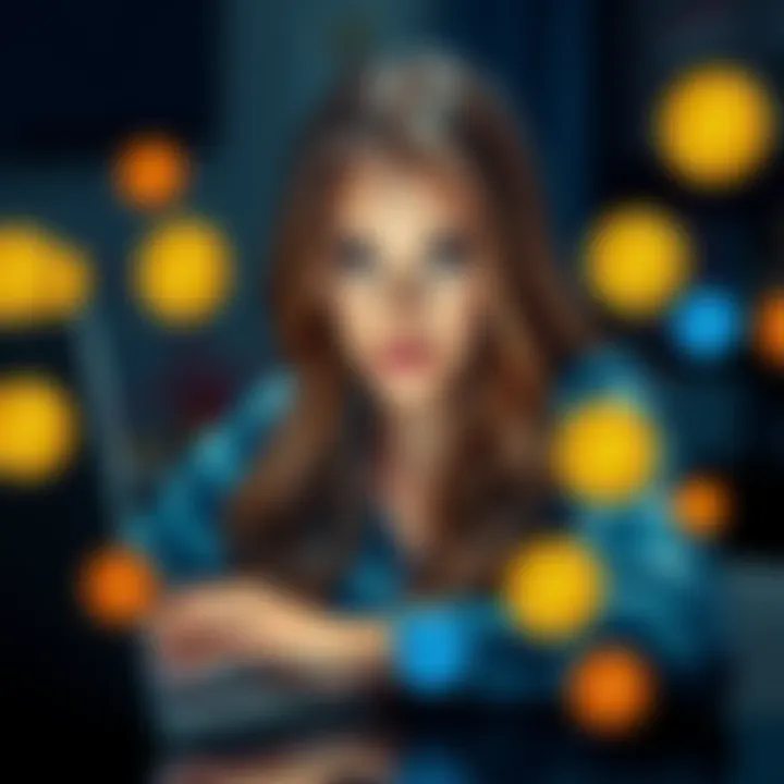 Portrait of Haliey Welch, looking concerned while analyzing cryptocurrency charts on her laptop, surrounded by meme coin logos.