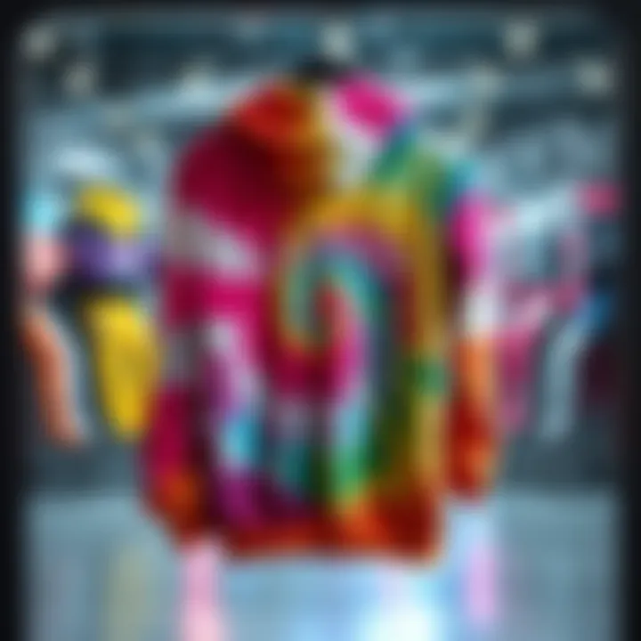 A colorful tie-dye hoodie from Halsey's manic merchandise line hanging on display, showcasing its vibrant design and style.