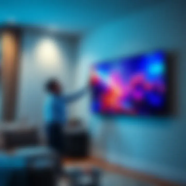 Hanging a 65 inch TV on a wall An expert installing a 65 inch TV on a living room wall with tools and brackets visible