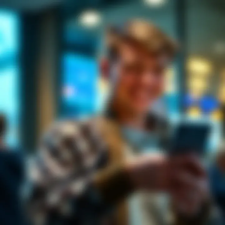 A person smiles while checking their account on the Revolut app on a smartphone, showcasing a positive experience with the banking service.