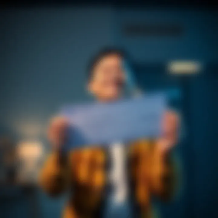 Happy investor holding a check A thrilled person holding a check representing their $1200 security deposit return, smiling with excitement about future investments.