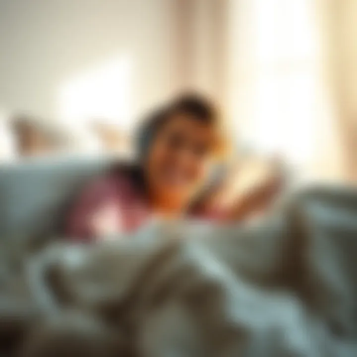 A cheerful person waking up in bed with a big smile, sunlight streaming through the window, surrounded by cozy blankets and pillows, exuding joy and humor.