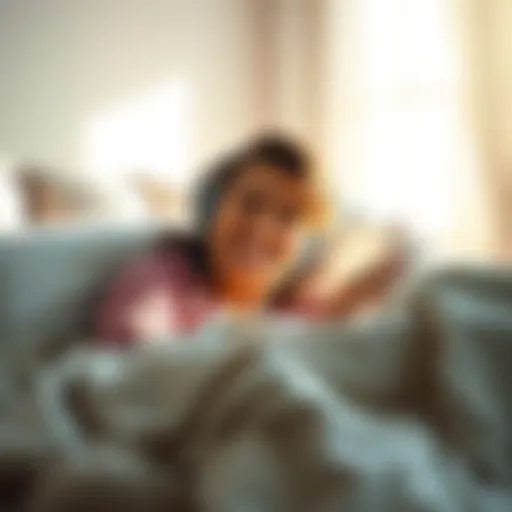 Happy Person Waking Up A cheerful person waking up in bed with a big smile, sunlight streaming through the window, surrounded by cozy blankets and pillows, exuding joy and humor.