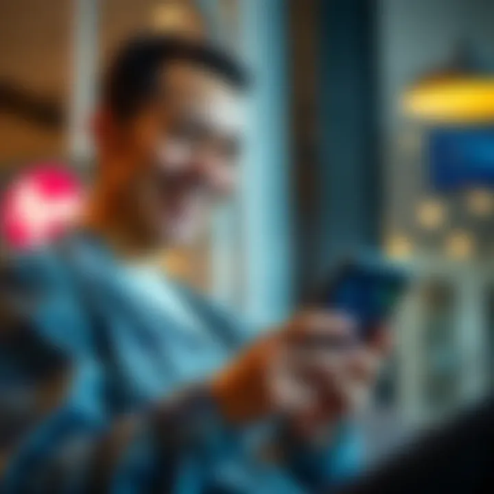 A person smiling while using the Revolut app on a smartphone, with a focus on their happy expression and the phone screen showing the app interface.