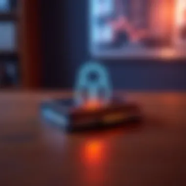 Hardware wallet on a table with a lock A hardware wallet displayed on a wooden table, featuring a digital lock icon to symbolize security concerns after recent breaches.