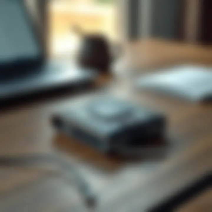 A hardware wallet placed on a wooden table with a laptop and a notebook in the background, highlighting options for cold storage.
