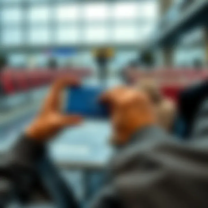 Hardware Wallet for Travel A person holding a hardware wallet while sitting at an airport, ready for travel. The wallet is compact and portable, designed for keeping cryptocurrency safe.
