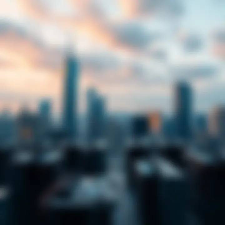 A city skyline featuring tall buildings and cryptocurrency mining rigs, highlighting the intersection of urban space and tech innovation