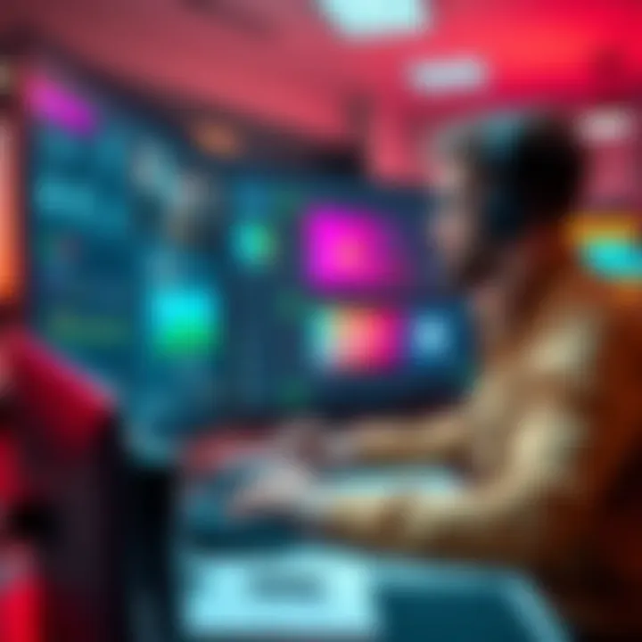 A developer and editor collaborating on a digital screen featuring a headless CMS interface with visual editing tools and AI icons.