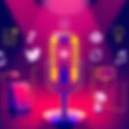 Illustration of a microphone and digital content icons representing the Headless podcast on CMS innovations