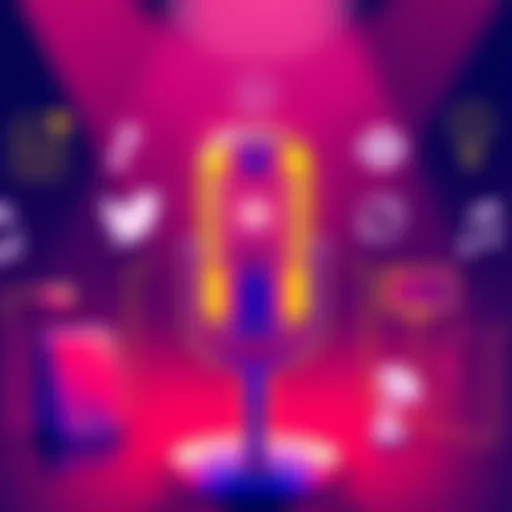 Illustration of a microphone and digital content icons representing the Headless podcast on CMS innovations