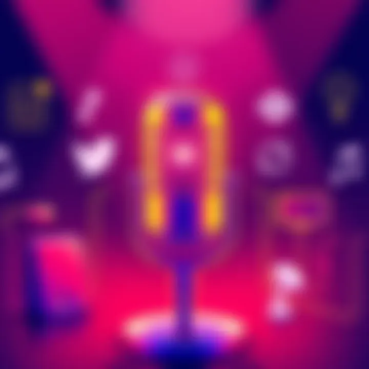 Illustration of a microphone and digital content icons representing the Headless podcast on CMS innovations
