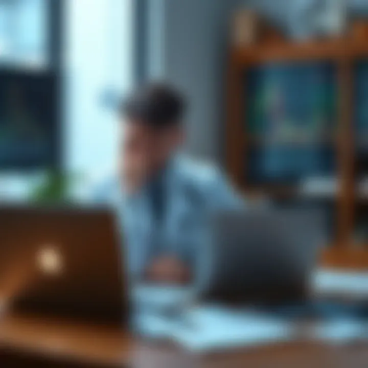 A stressed healthcare worker sits at a table with a laptop, looking worried while reviewing trading charts and financial documents.