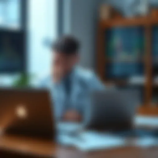 Healthcare Worker Thinking About Trading A stressed healthcare worker sits at a table with a laptop, looking worried while reviewing trading charts and financial documents.