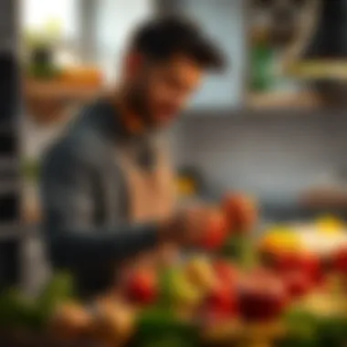 Healthy Living Practices A person preparing a healthy meal with fresh vegetables and fruits in a bright kitchen