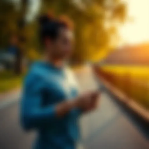 A person jogging in a park while checking their fitness app, symbolizing prioritizing health over wealth.