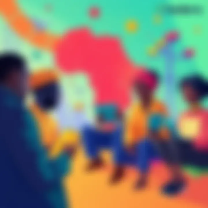 A vibrant illustration showcasing African tech entrepreneurs collaborating on innovative projects fueled by Hedera's blockchain technology.