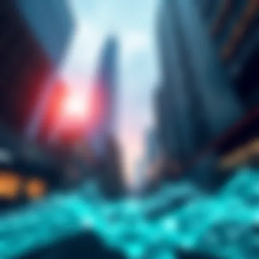 A visual representation of Hedera's blockchain technology emphasizing liquidity and regulatory advantage, with corporate buildings in the background symbolizing enterprise trust.