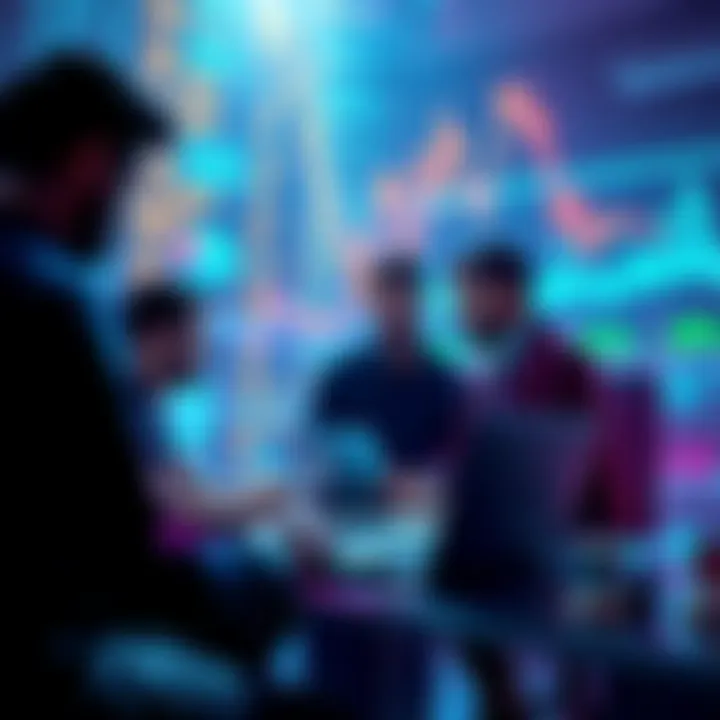 A team of developers discussing progress on Hedera's blockchain project, surrounded by code and digital graphs.