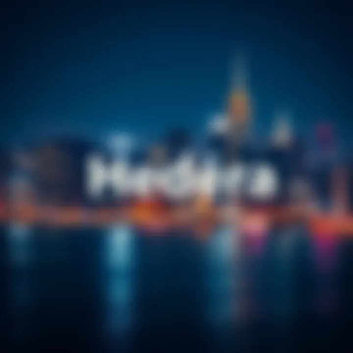 Hedera logo in front of a city skyline representing potential partnerships and growth in technology