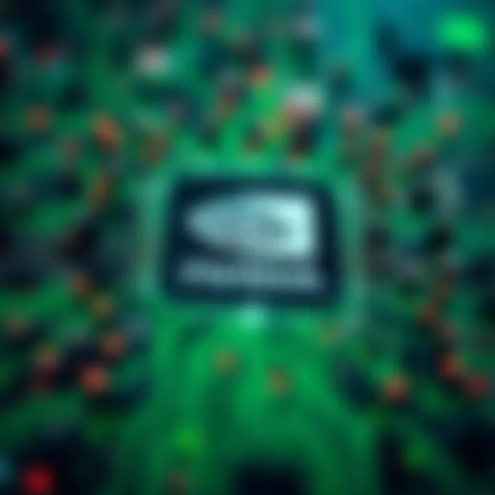 The Future of Tech: Hedera and NVIDIA Visual representation of the intersection of blockchain technology and AI. A digital backdrop with NVIDIA chip designs and Hedera's logo abstractly depicted, showcasing innovation and skepticism.