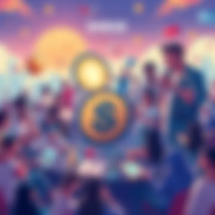 A vibrant illustration of a community rallying around the $HEGE meme coin, featuring people engaged in activities and creating art together, symbolizing growth and unity.