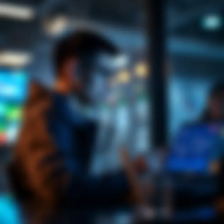 A worried hotspot owner checking their earnings on a laptop, with a Helium logo visible on the screen and declining graph trends