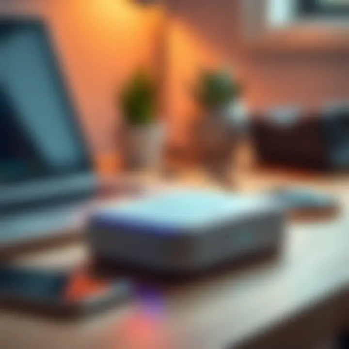 A helium mobile hotspot device placed on a desk with a laptop and smartphone nearby, illustrating connectivity solutions for tech-savvy people.