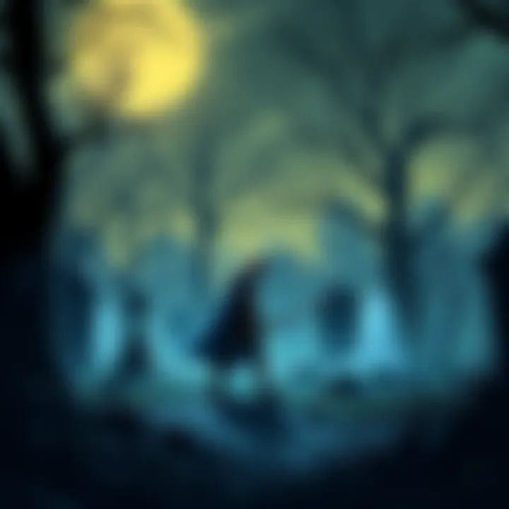 A brave hero exploring a spooky graveyard at night with glowing gravestones and ghostly figures around.