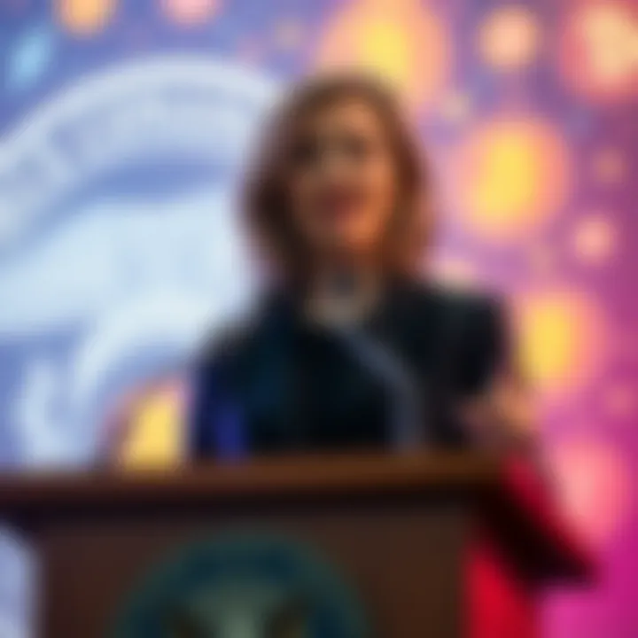 SEC Commissioner Hester Peirce speaking at a podium with cryptocurrency symbols in the background