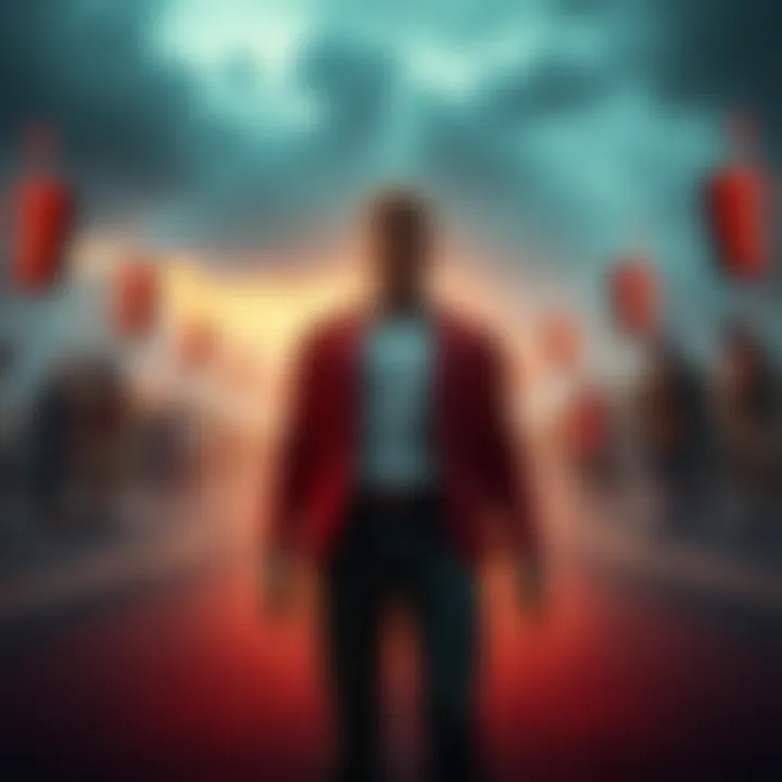 A determined man stands at a crossroads, contemplating the weight of his upcoming choices amidst a backdrop of anxious onlookers.