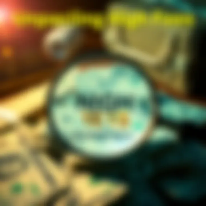 A magnifying glass hovering over a pile of bills, symbolizing scrutiny of elevated fees