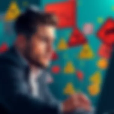 A person looking concerned while checking crypto charts on a laptop, surrounded by warning signs about high staking APY, emphasizing caution in new projects.