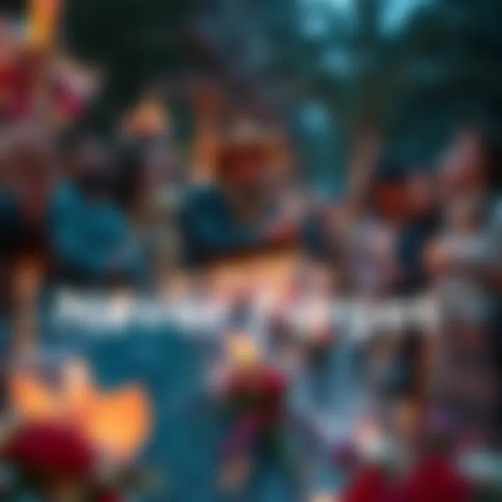 A group of diverse people gathered at a memorial site, reflecting on the past with candles and flowers.
