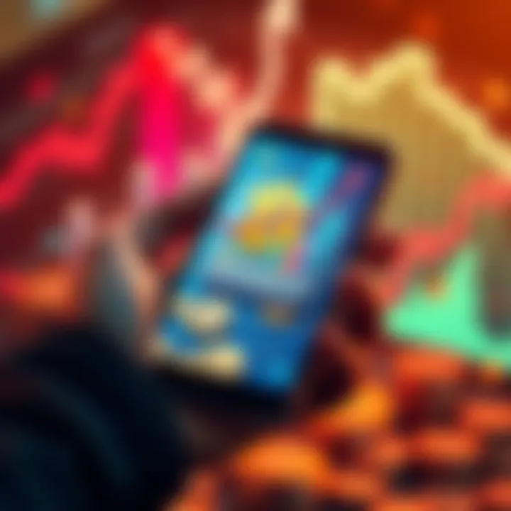 HODL Strategy in Crypto A person holding a smartphone displaying a cryptocurrency wallet with rising graphs and coins around them.