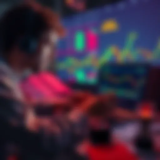 A person anxiously looking at cryptocurrency price charts on a laptop, surrounded by notes and charts, reflecting the stress of constant updates.