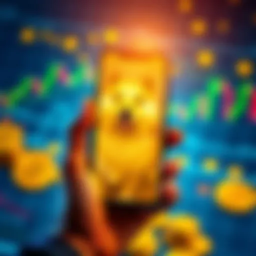 A person holding a smartphone displaying Dogecoin on the screen, with a background of financial charts and crypto coins, symbolizing investment and patience in the crypto community