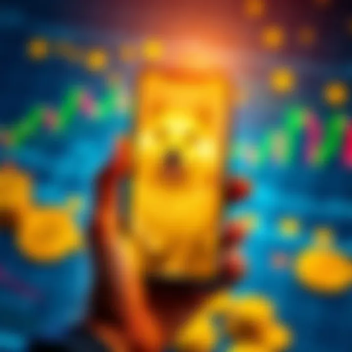 A person holding a smartphone displaying Dogecoin on the screen, with a background of financial charts and crypto coins, symbolizing investment and patience in the crypto community