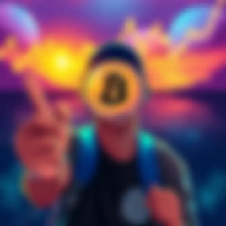 A person joyfully holding a Dogecoin symbol with a graph showing market trends in the background.