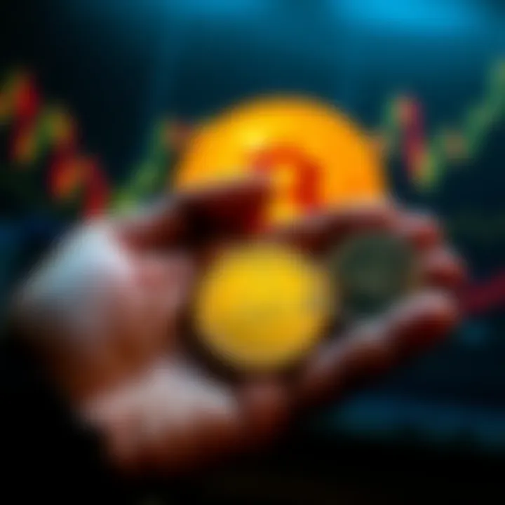 Holding Monero Coins A person holding several Monero coins with a Bitcoin logo in the background, representing investment choices.