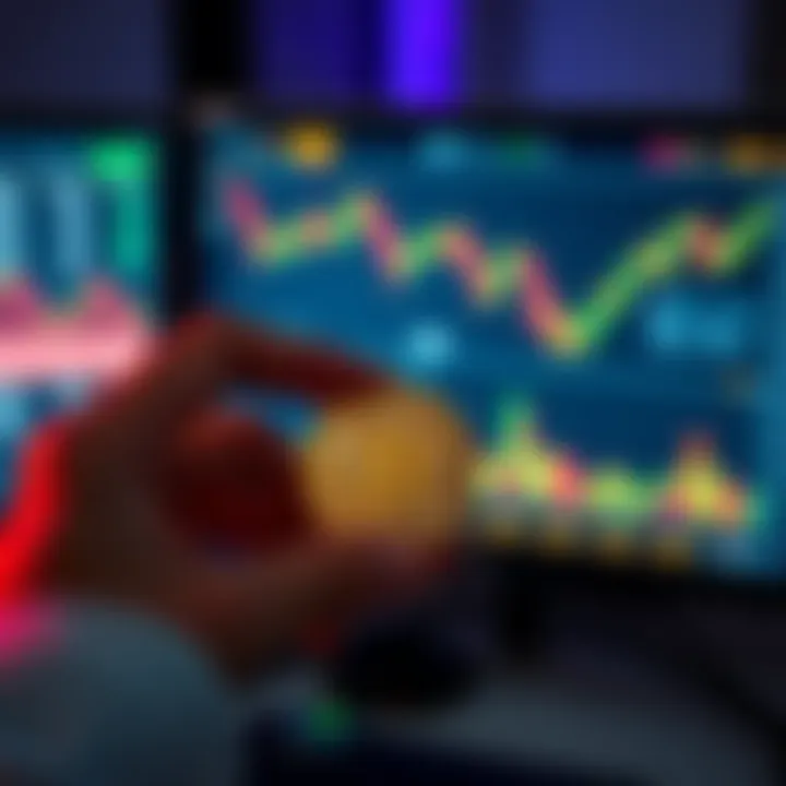 Holding Bitcoin A person holding a physical Bitcoin coin while looking at a computer screen showing BTC price charts.