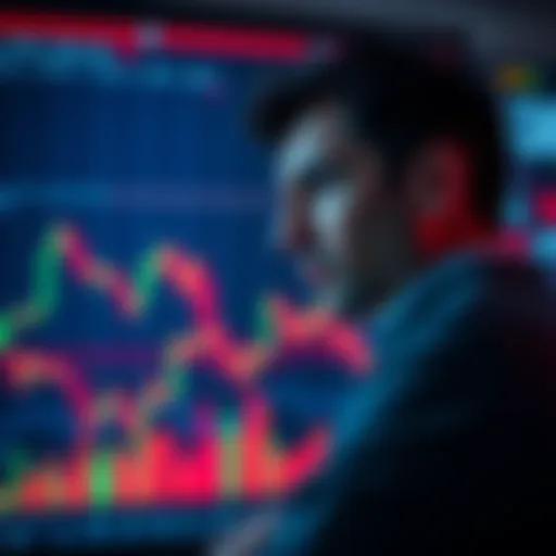 A person pondering over investment options with financial charts and graphs in the background.
