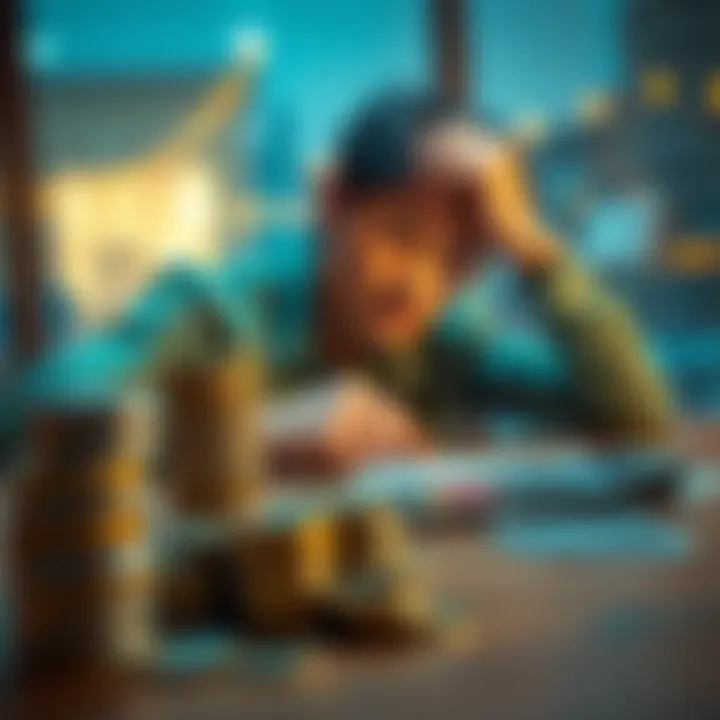 A person contemplating financial decisions regarding migration funds, with stacks of coins and a calculator on a table