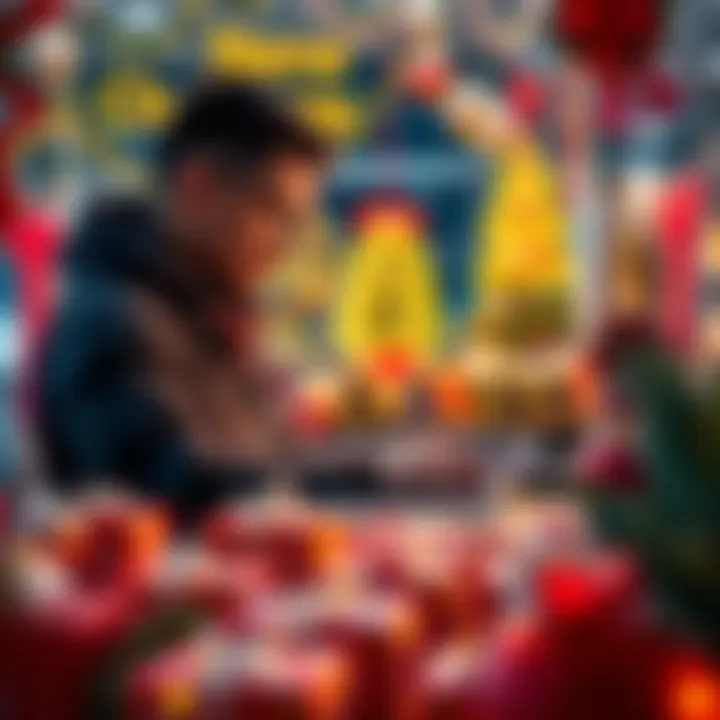 A person shopping online with a laptop during the holiday season, surrounded by festive decorations and warning signs about scams