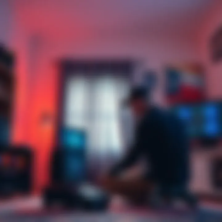A person setting up ASIC and GPU mining equipment in a well-lit Texas apartment with a computer and mining rig visible.